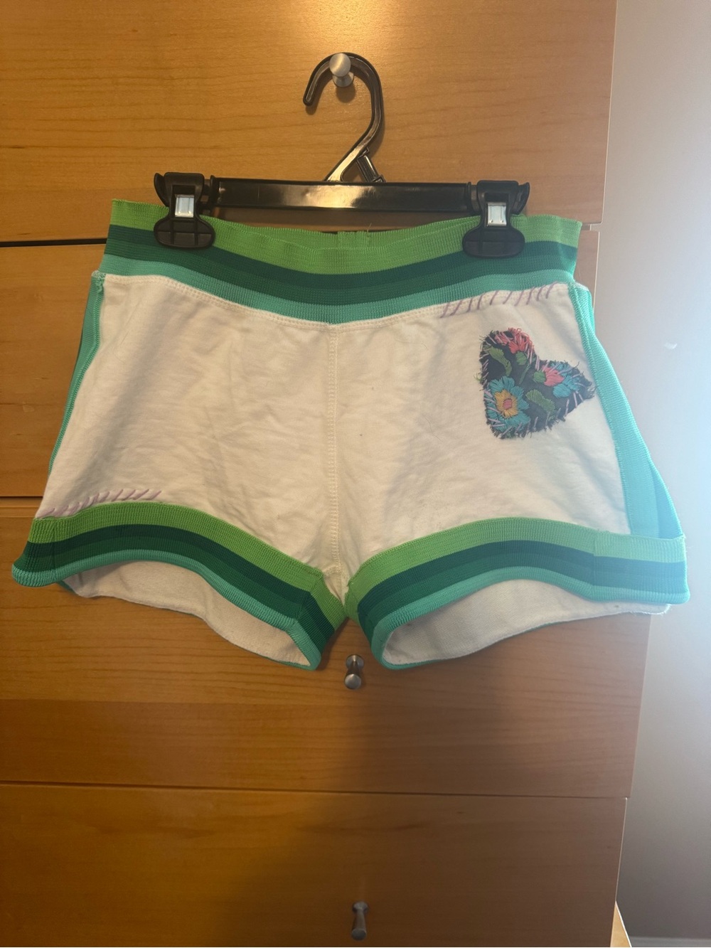 White & Green Trim Women's Athletic Shorts with Heart Patch